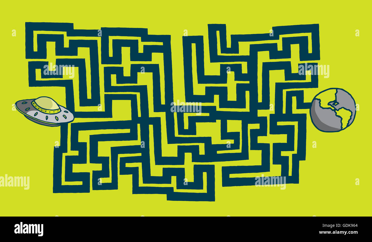 Cartoon-Illustration der außerirdisches Raumschiff betreten Labyrinth auf die Erde Stockfoto