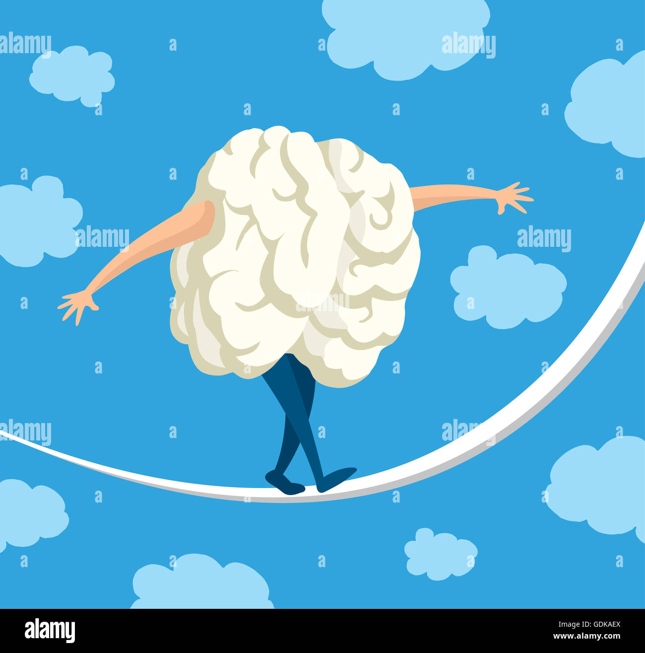Cartoon-Abbildung des Gehirns balancieren auf einer Zeichenfolge Stockfoto