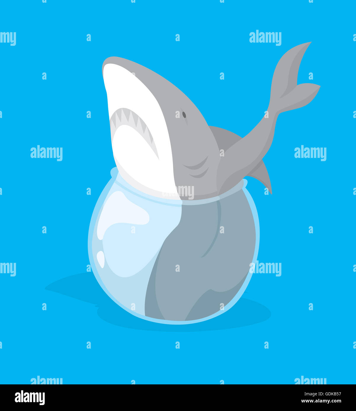 Lustige Cartoon Illustration der großen Fische oder Hai stecken in kleinen Goldfischglas Stockfoto
