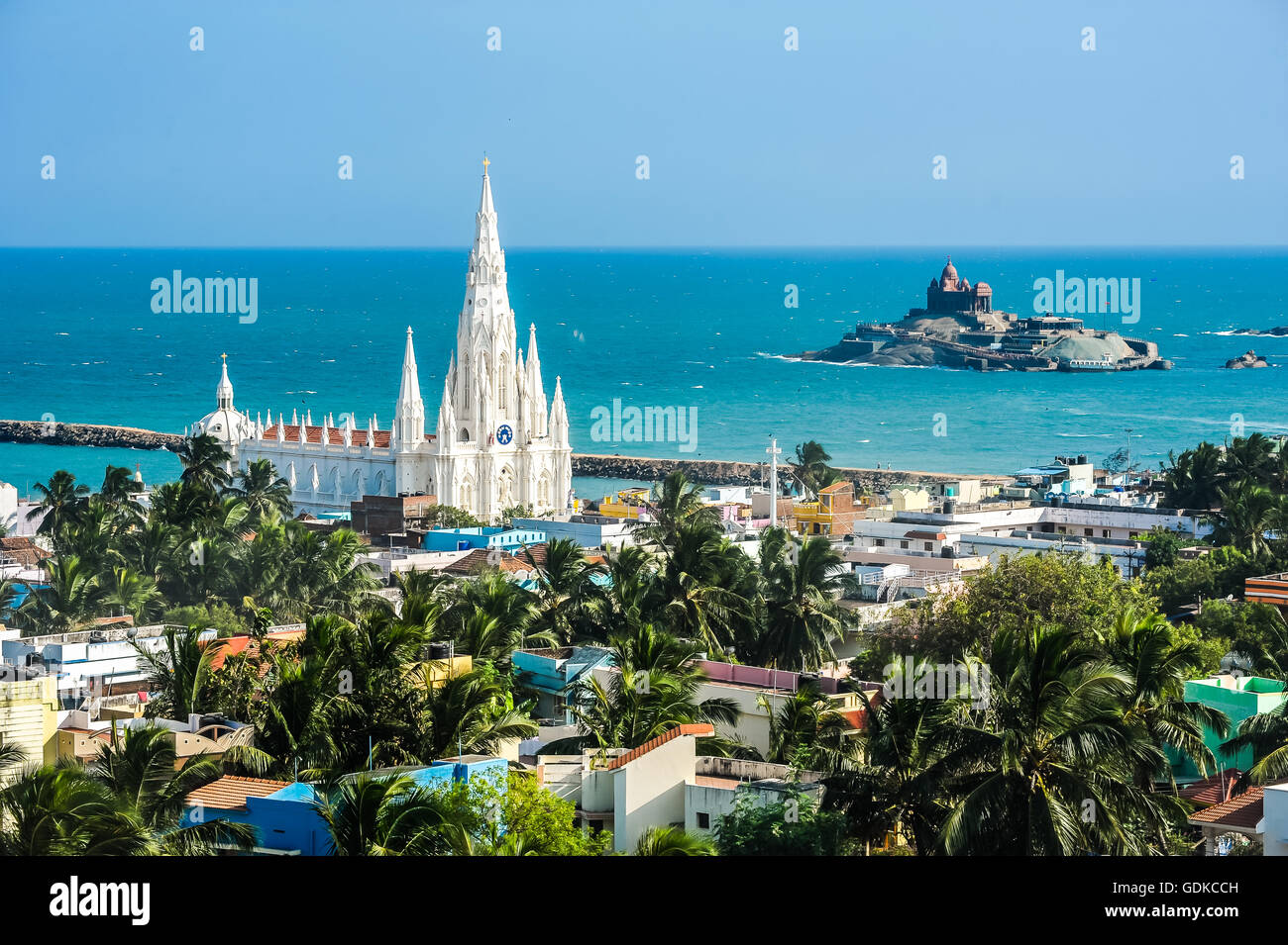 Pilgerstadt Kanyakumari mit Wallfahrtskirche unserer lieben Frau von Lösegeld, Südindien, Indien Stockfoto