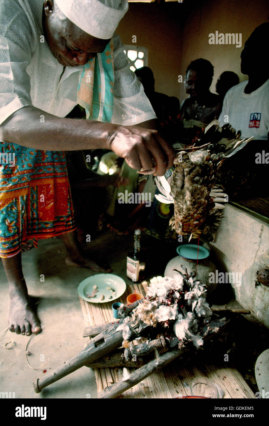 Ein Voodoo-Priester opfert ein Huhn an den Voodoo-Gott Shango in Ouidah, Benin. West-Afrika. Stockfoto