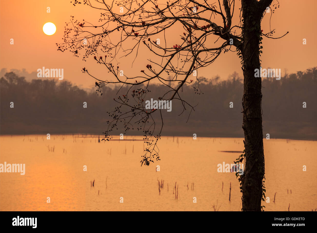 Sonnenuntergang am See mit einem wunderschönen orange Licht. Pompey, Kanchanaburi, Thailand. Stockfoto