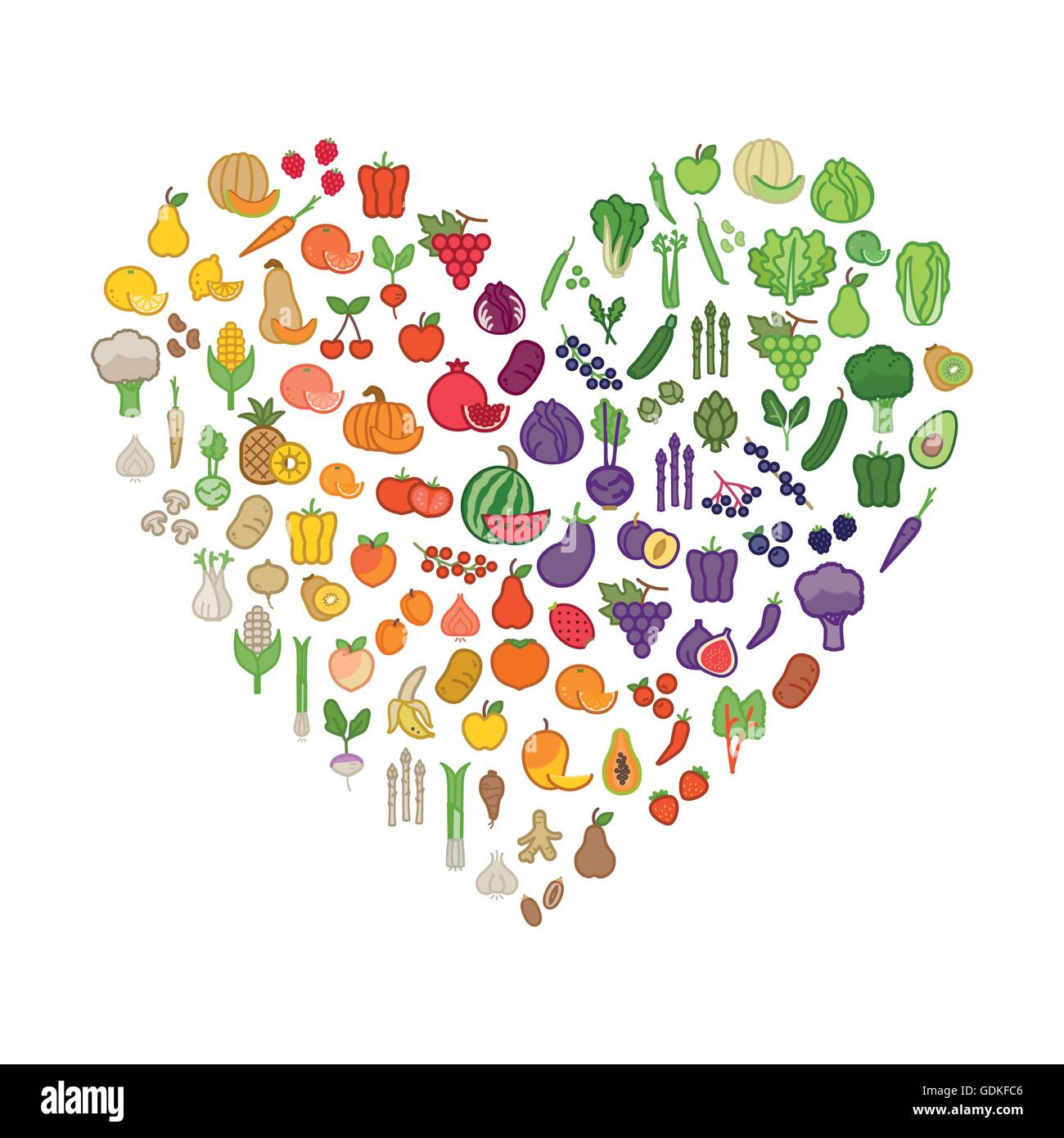 Gemüse und Früchte in Form eines Herzens auf weißem Hintergrund, gesunde Ernährung und Ernährungskonzept Stock Vektor