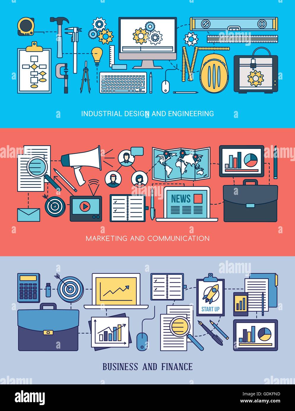 Engineering, Marketing und Business Banner set mit Tools, Computer-Netzwerk und Desktop-Objekte Stock Vektor