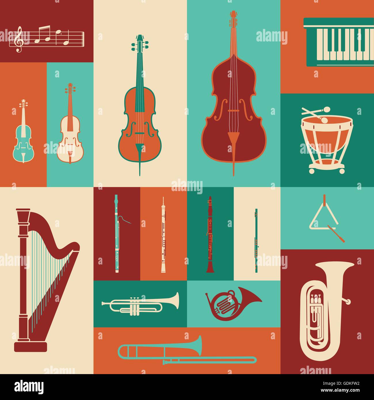 Klassischer Musik Instrumente bunte Reihe, Entertainment-Konzept Stock Vektor