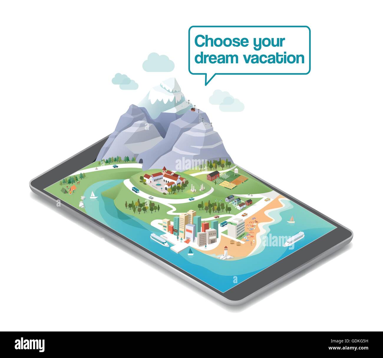 Wählen Sie Ihren Traumurlaub, Landschaft auf einem Tousch Screen Tablet-Gerät Stock Vektor