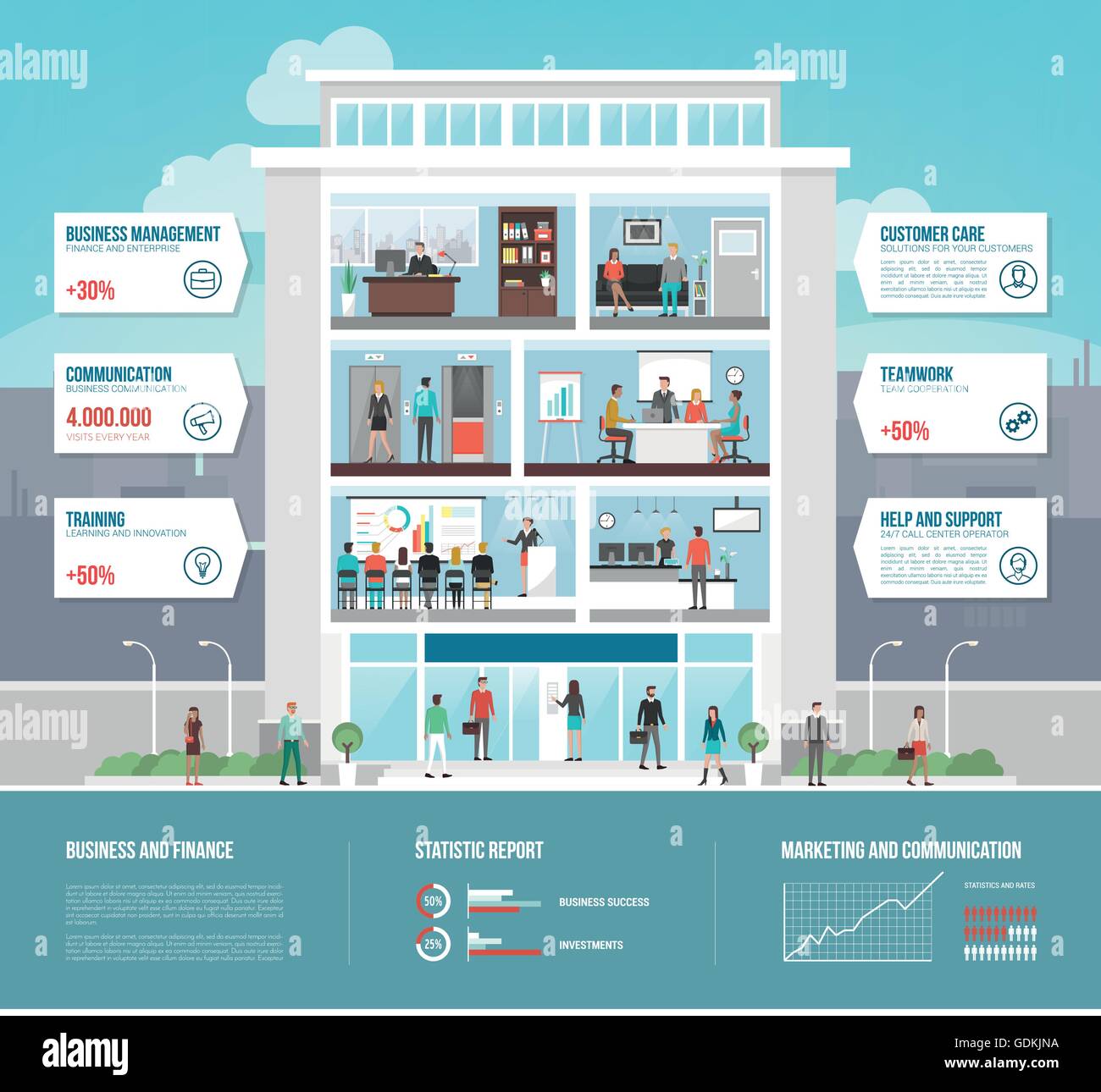 Corporate Bürogebäude Infografiken mit Geschäftsleute arbeiten, Konferenzraum, Wartezimmer und Rezeption Stock Vektor