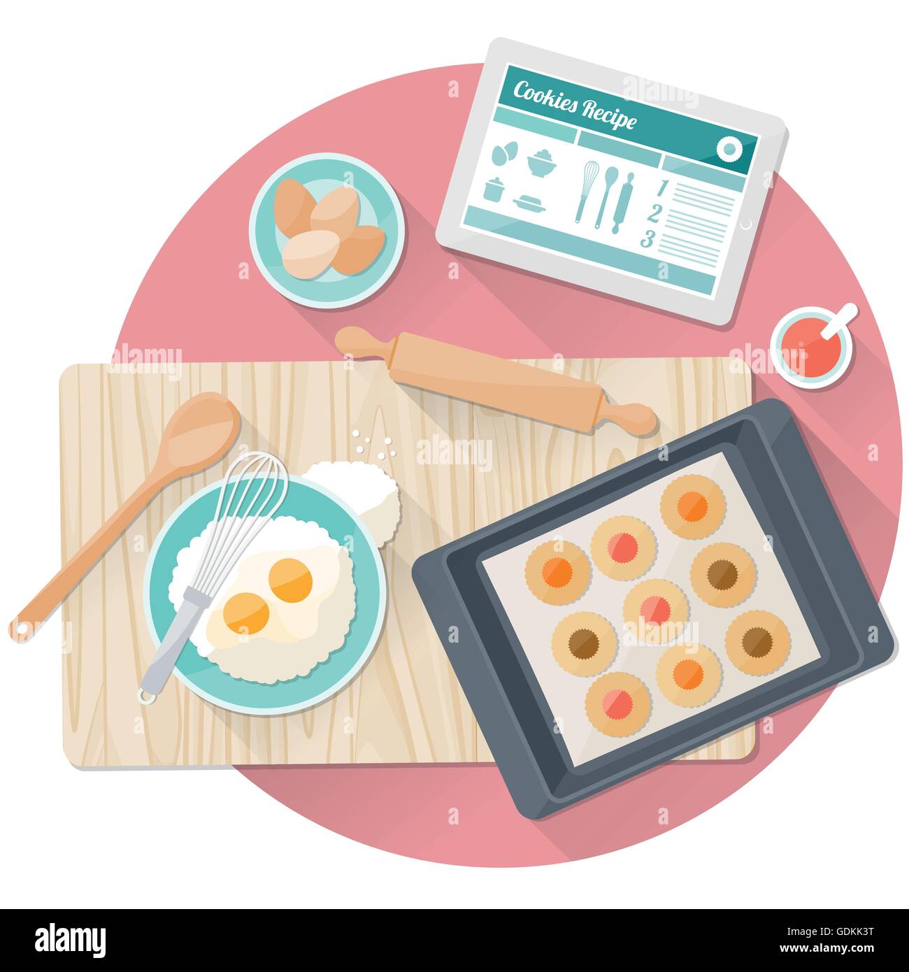 Kochen leckere Kekse in der Küche mit Geschirr und digital-Tablette Stock Vektor