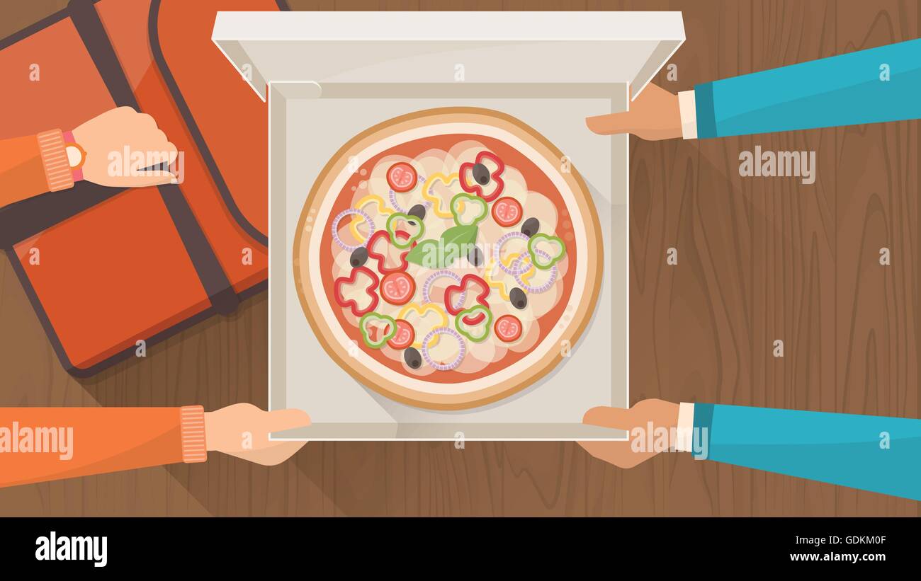 Pizza-Lieferservice zu Hause Hände mit Lieferung Kerl Hading eine Box mit Pizza zu einem Kunden und halten eine Pizza-Tasche, Ansicht von oben Stock Vektor