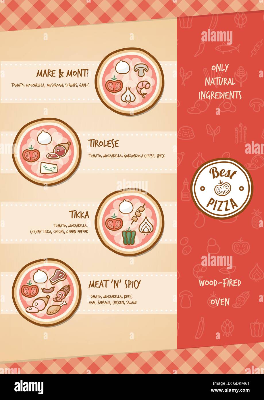 Pizza-Menü mit verschiedenen Belägen und Geschmack Stock Vektor