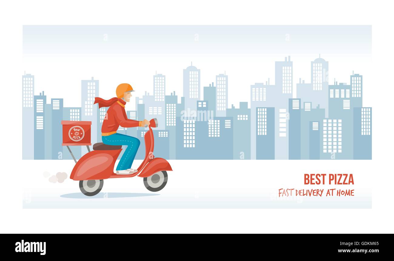 Pizza Lieferung Mann bei der Arbeit auf einem roten Roller mit Stadtbild auf Hintergrund Stock Vektor