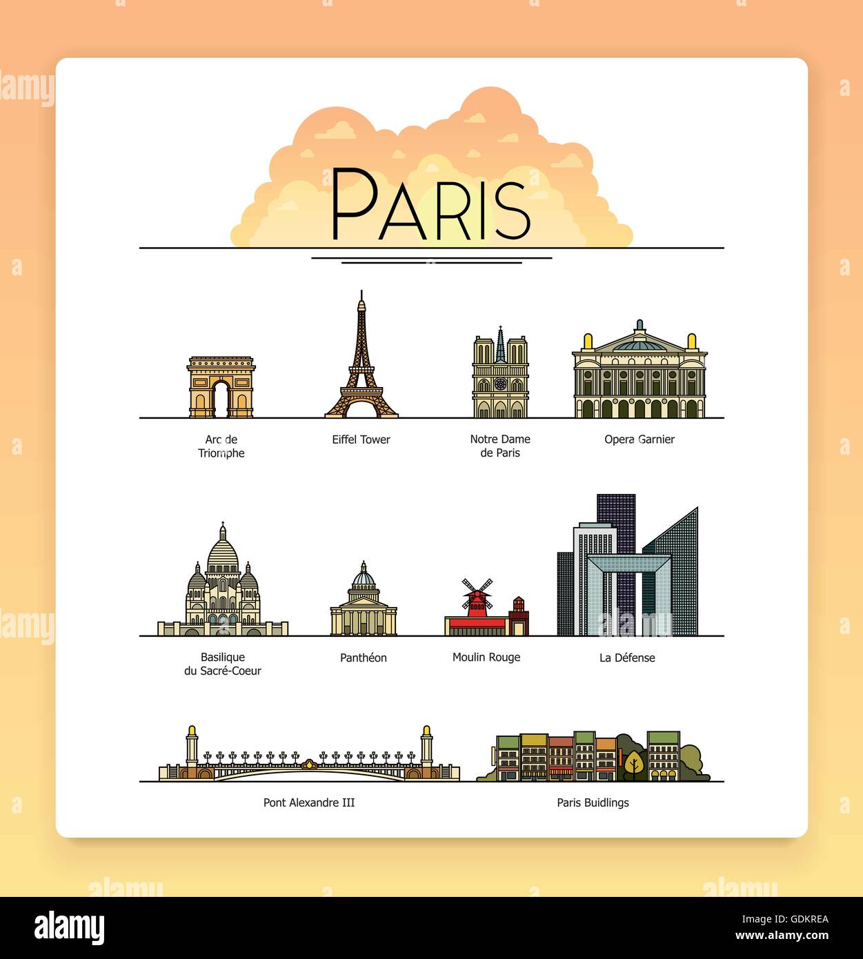 Vektor Strichzeichnungen Paris Frankreich Reisen Sehenswurdigkeiten Und Architektur Icon Set Die Beliebtesten Reiseziele Strassen Kathedralen Gebaude Wahrzeichen Der Stadt Stock Vektorgrafik Alamy