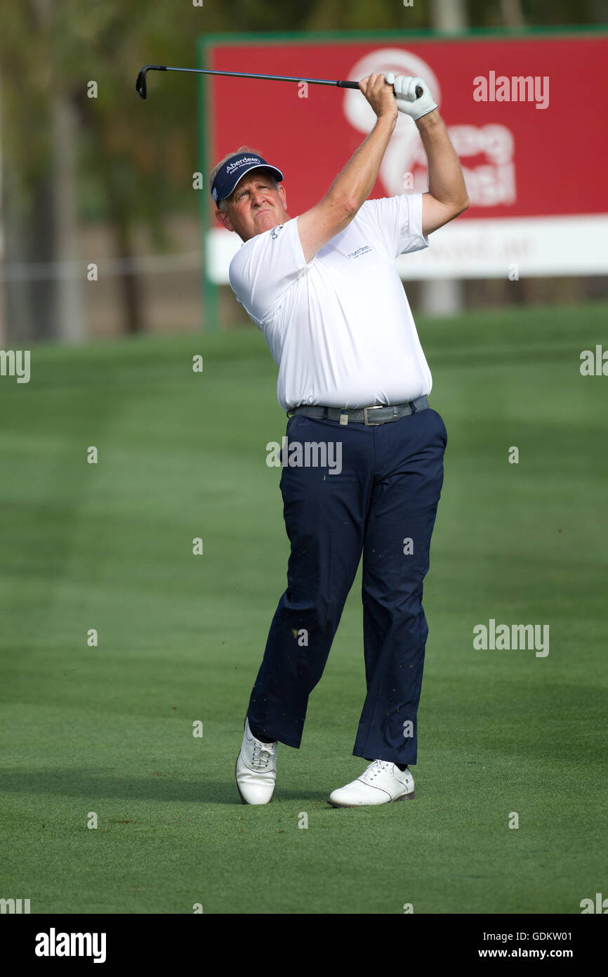 Colin Montgomerie am 1. Tag des Omega Dubai Desert Classic 2014, Emirates Golf Club, Dubai, Vereinigte Arabische Emirate. Stockfoto