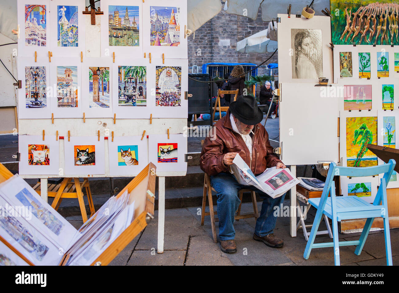 Maler in Plaça del Pi, Barrio Gotico, Barcelona. Katalonien, Spanien Stockfoto