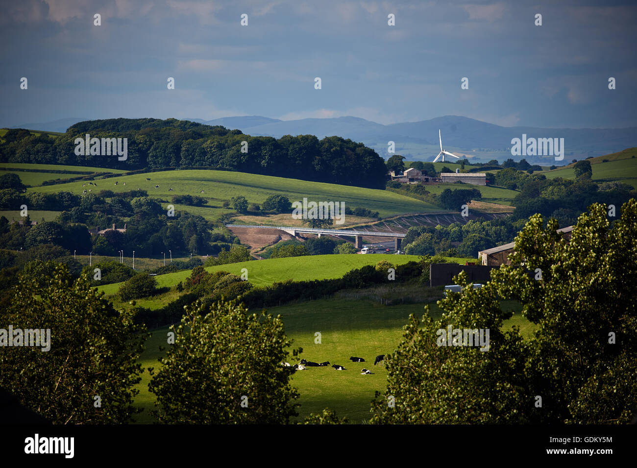 Lancashire, Lancashire UK Landschaft mit Autobahn M6 schneiden durch die Landschaft Landschaft Felder Ackerland Weideland lange gras Stockfoto