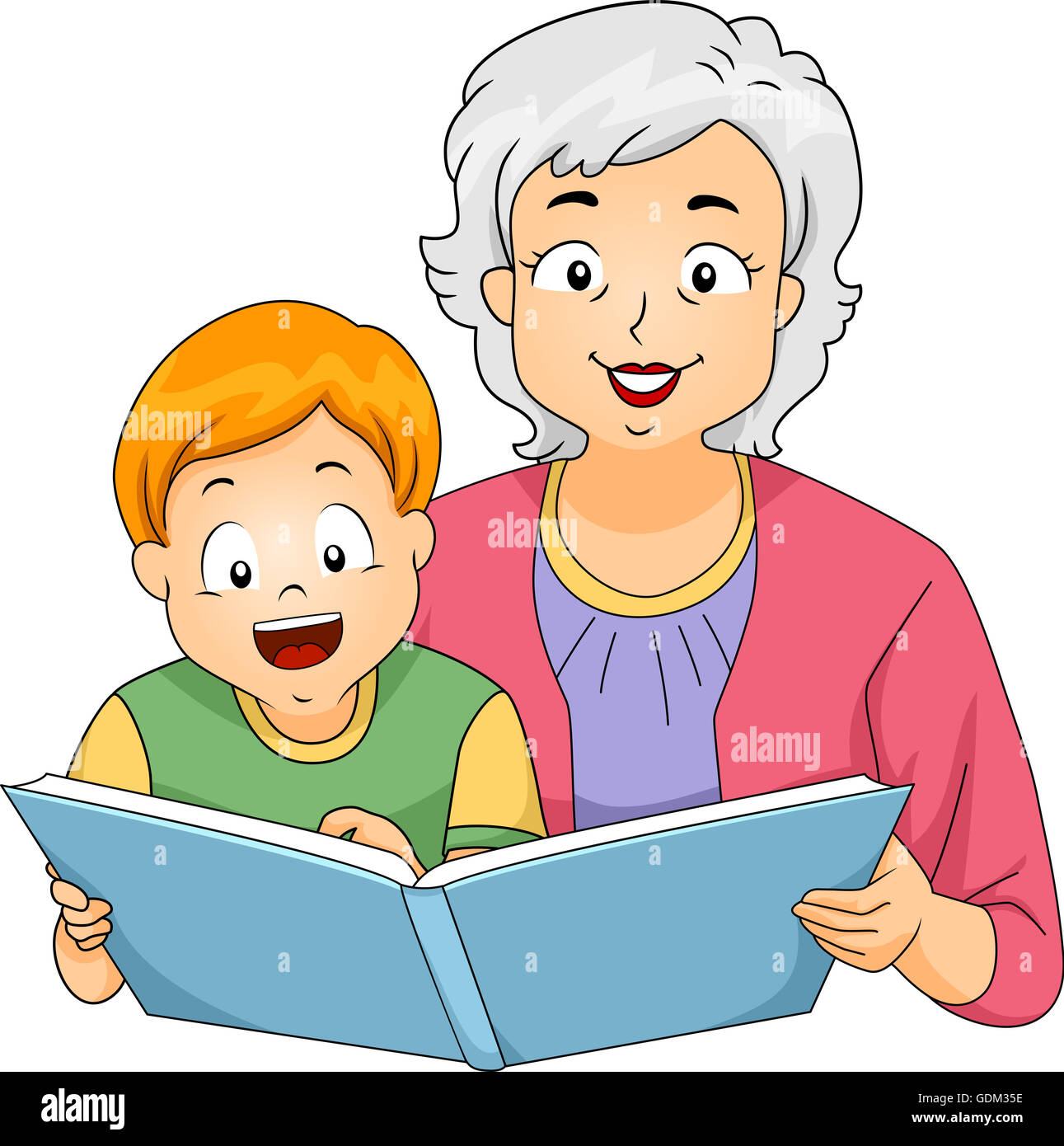 Abbildung einer Großmutter Lesung ein Buch an ihren Enkel Stockfoto