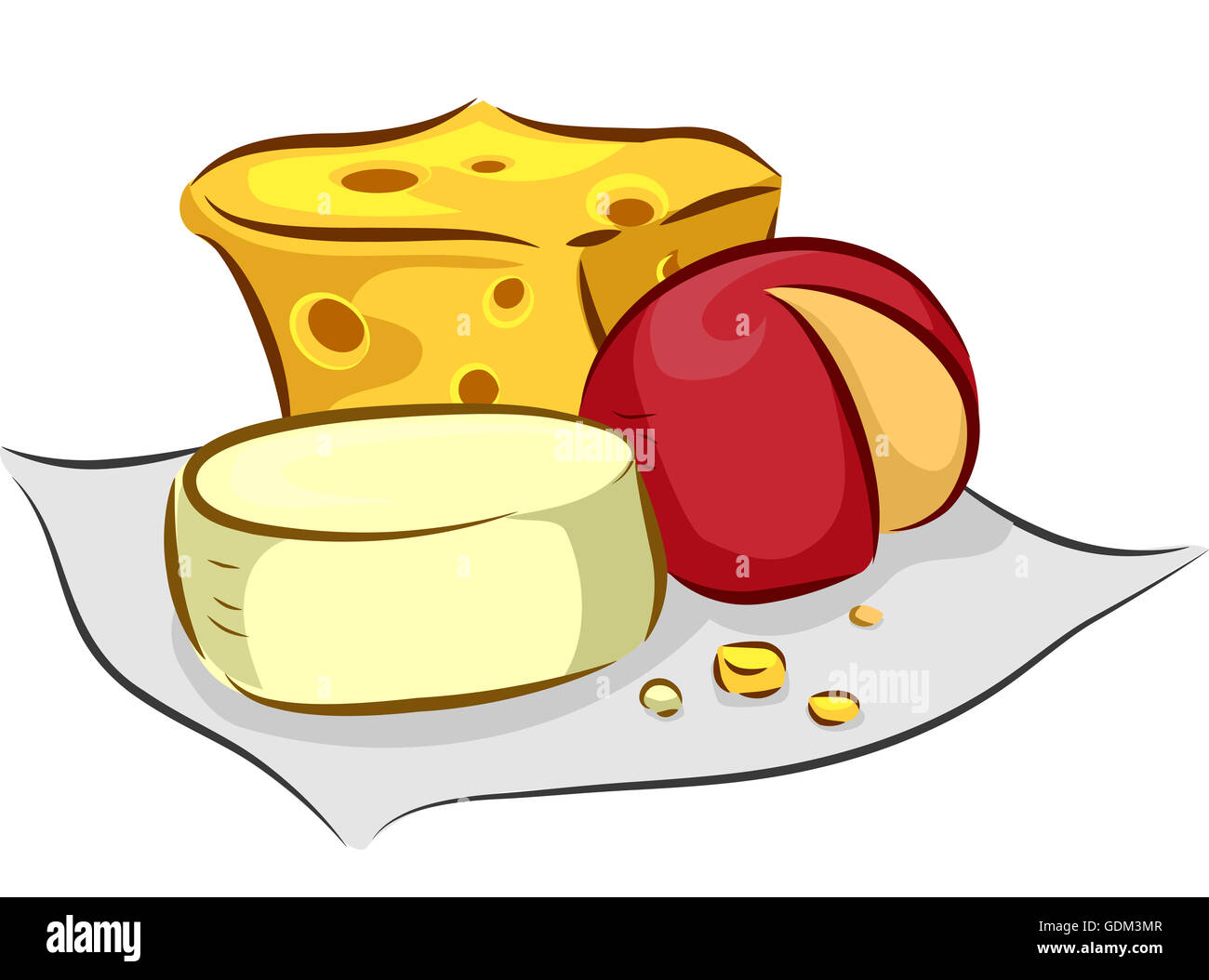 Abbildung von verschiedenen Arten von Käse, sitzt auf einem Stück Stoff