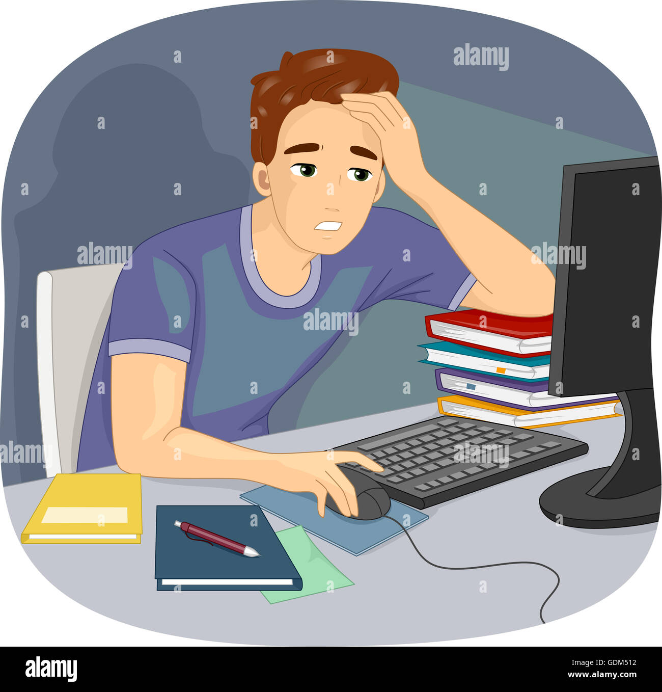Abbildung eines Mannes mit seinem Computer, Arbeit von zu Hause aus Stockfoto