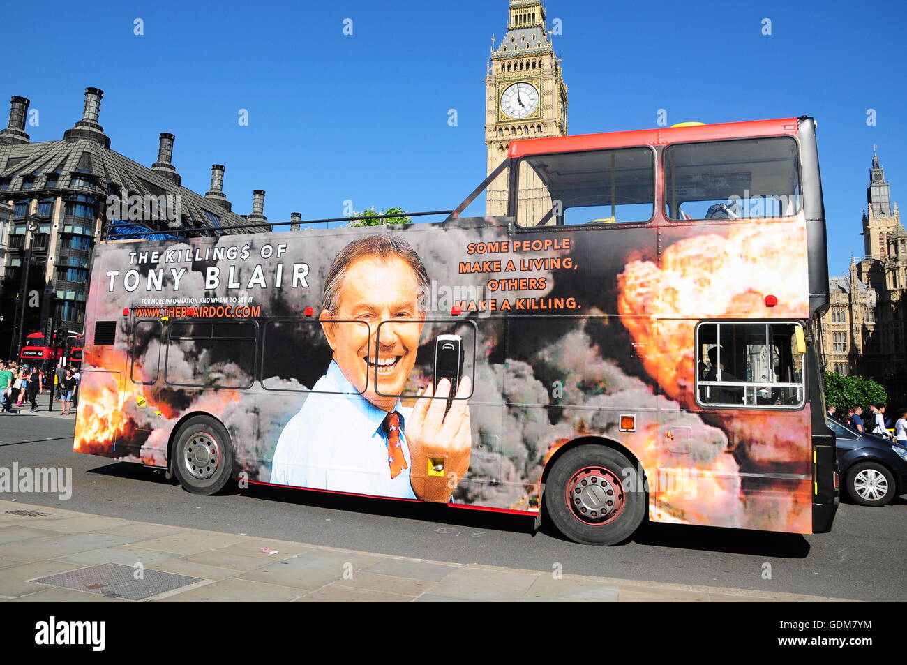 Die Tötung von Tony Blair - einem offenen Bus Promotion - London, UK. Stockfoto