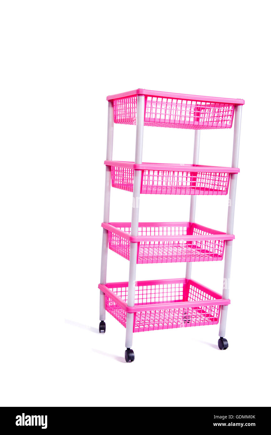 Rosa bin Rack Regal mit Rädern isoliert auf weiss Stockfoto