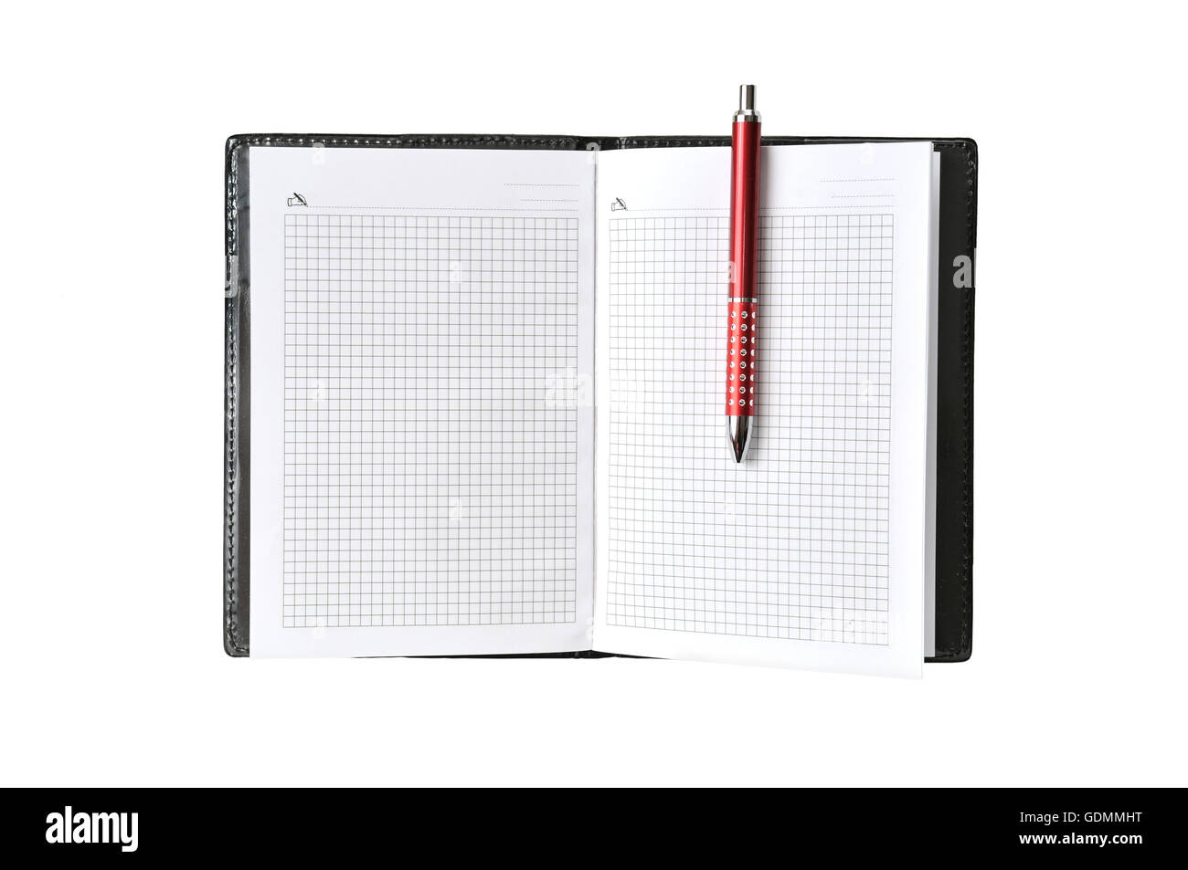 Notizbuch und Stift auf einem weißen Hintergrund isoliert Stockfoto