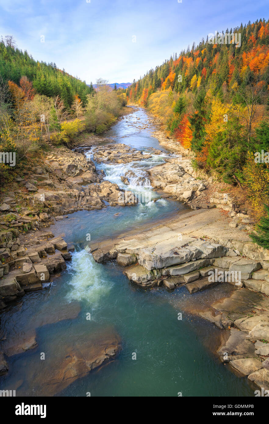 schöne schnelle Bergfluss im herbstlichen Wald Stockfoto