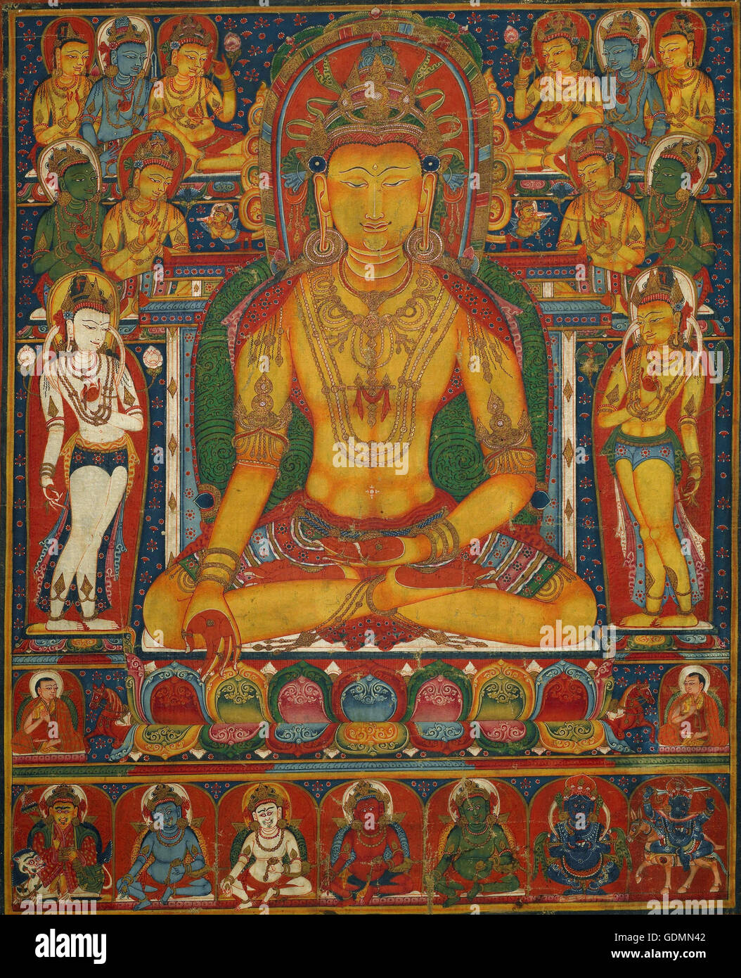 Buddha Ratnasambhava mit Reichtum Gottheiten Stockfoto
