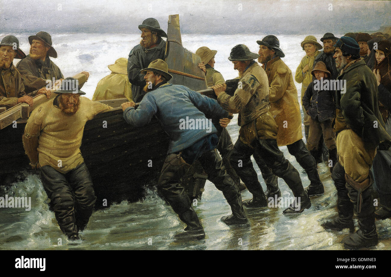 Michael Ancher - Fischer startet ein Ruderboot Stockfoto
