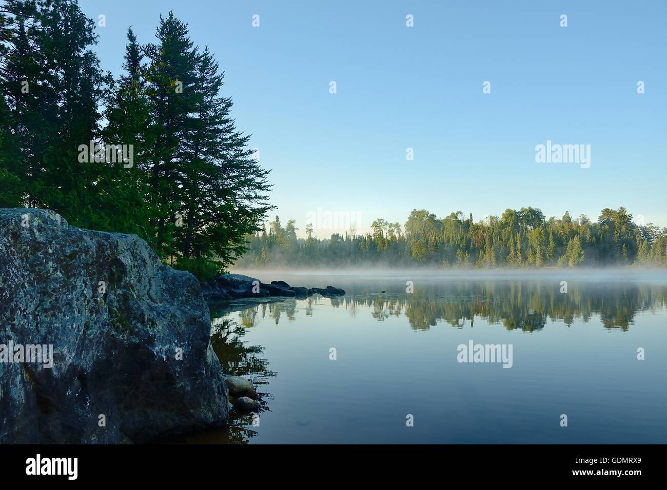 Morgen-Reflexionen eines Waldes an einem nebligen Wildnis-See Stockfoto