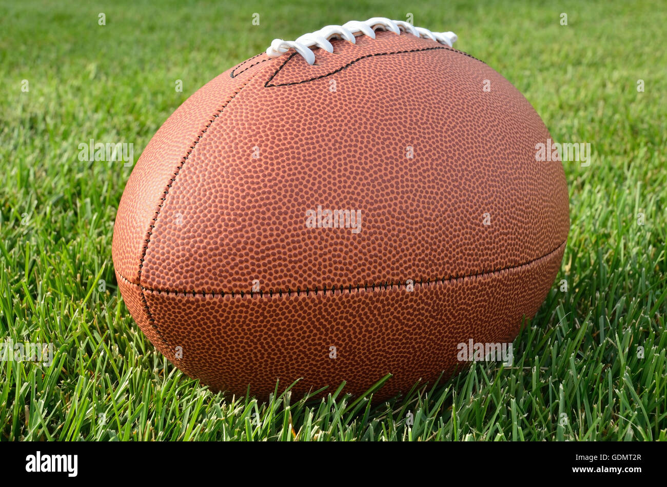 Nahaufnahme von einem American Football auf echten Rasen Rasen eines Fußballfeldes Stockfoto