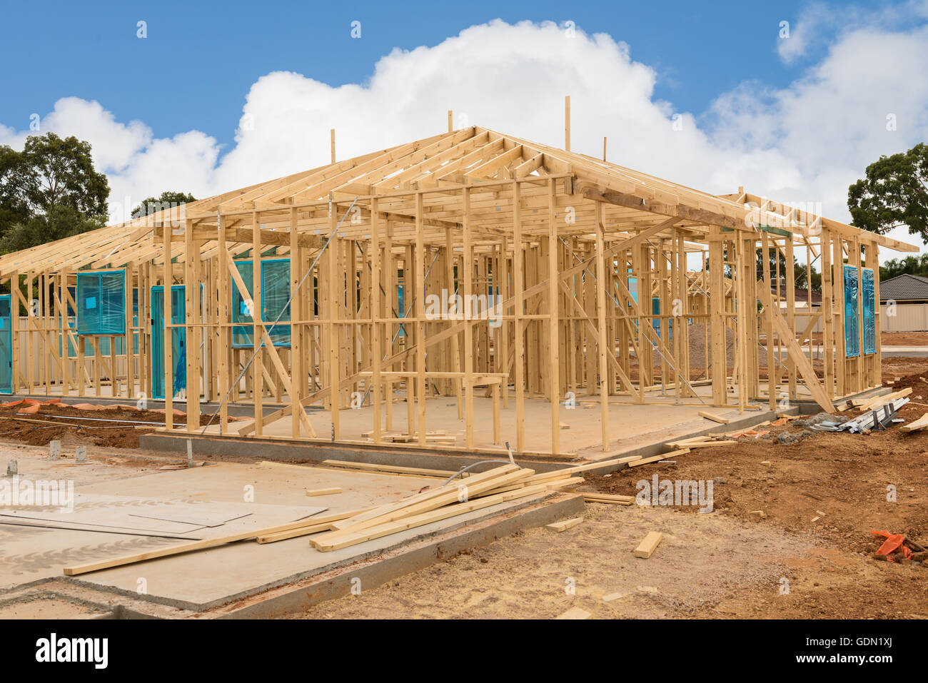 Blick auf Bau Website Hausstiftung und neues Zuhause framing im Vorbereitungsprozess Stockfoto