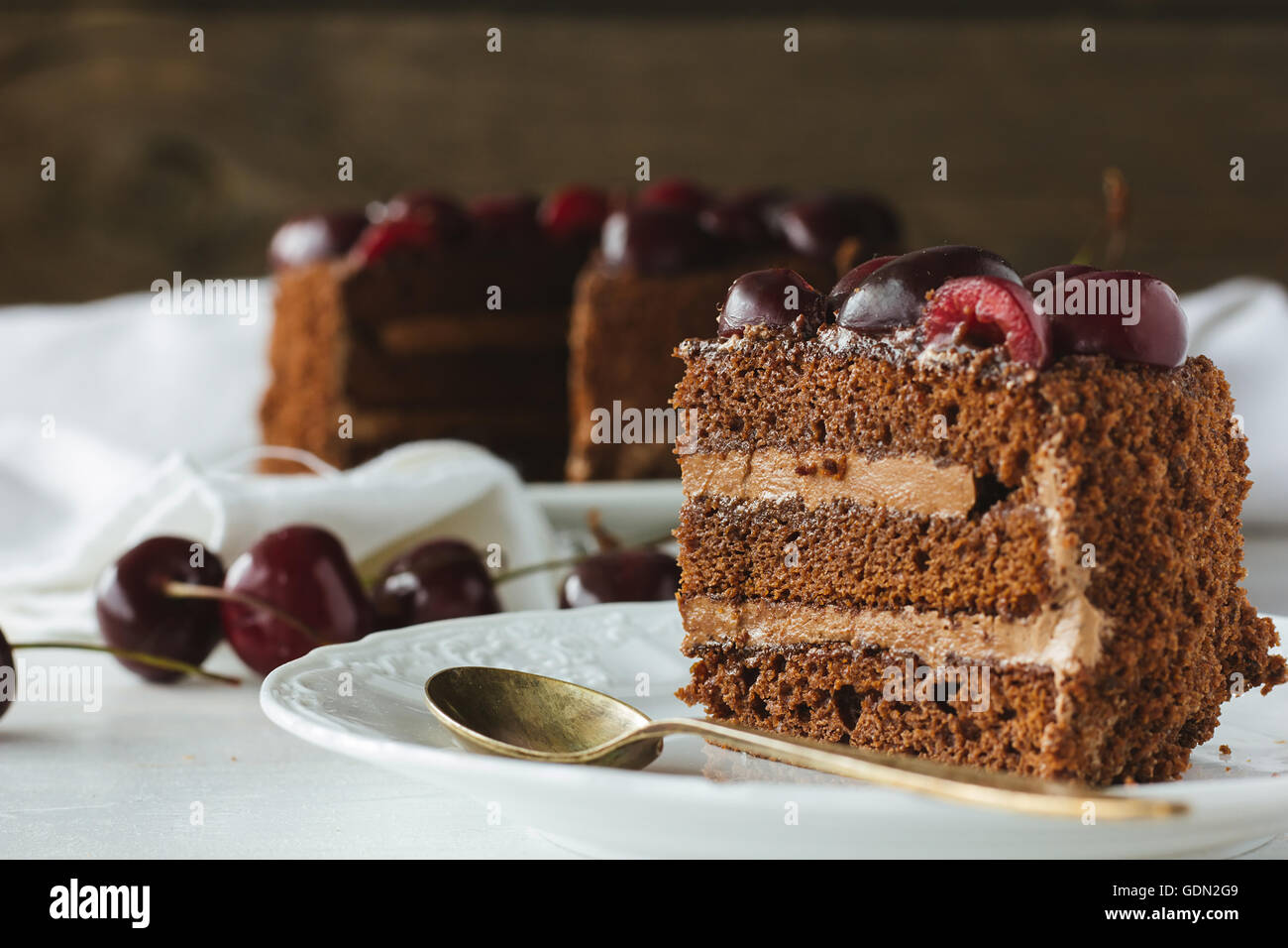 Stück Schokoladenkuchen mit Beeren selektiven Fokus Stockfoto