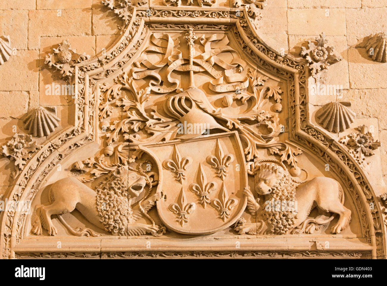 SALAMANCA, Spanien, APRIL - 16, 2016: Detail des Portals der Casa de Las Conchas - Haus der Muscheln. Stockfoto