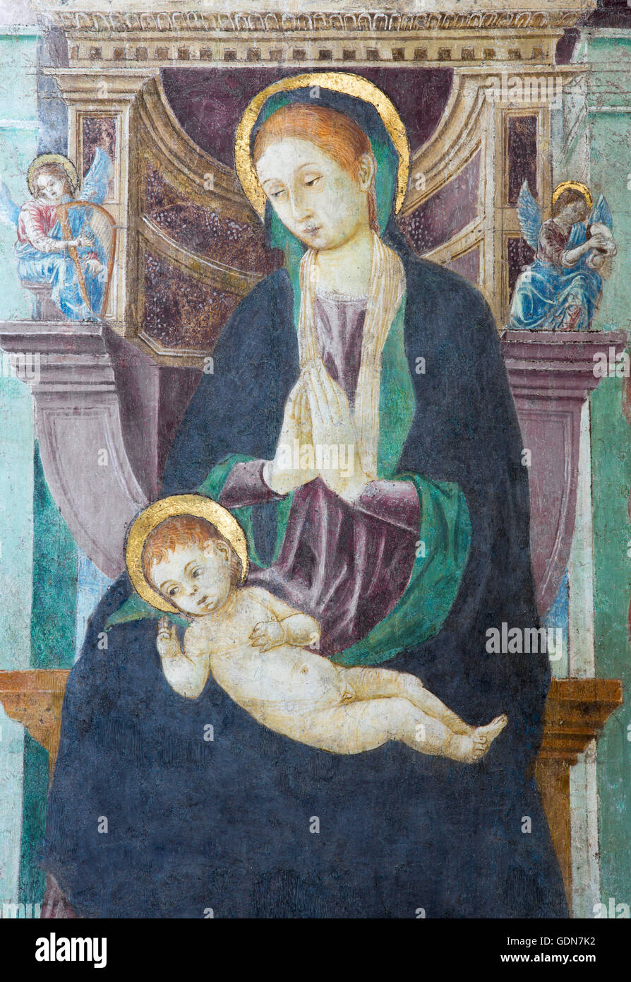 BRESCIA, Italien - 21. Mai 2016: Das Fresko der Madonna in der Kirche Chiesa del Santissimo Corpo di Cristo von Paolo Caylina il Vecchio Stockfoto