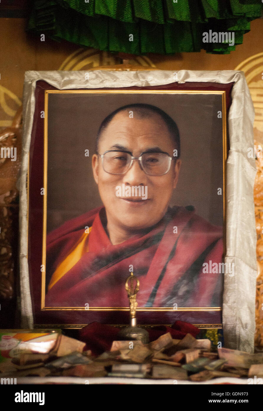 Porträt des Dalai Lama an Thikse Gompa (buddhistisches Kloster) in Ladakh, Nordindien Stockfoto