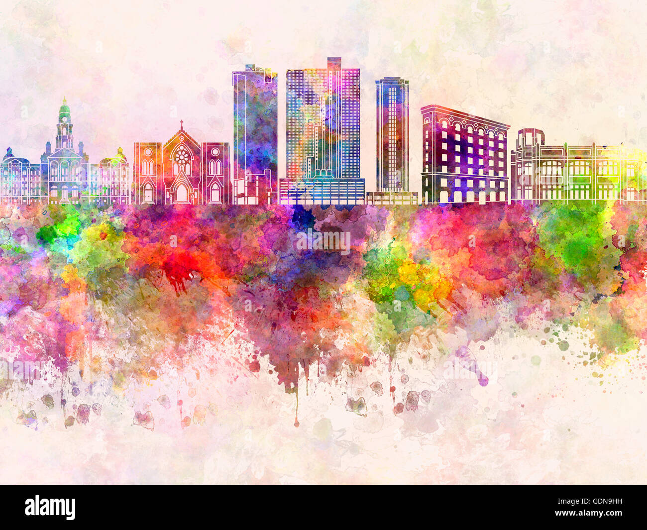 Skyline von Fort Worth in Aquarell Hintergrund Stockfoto