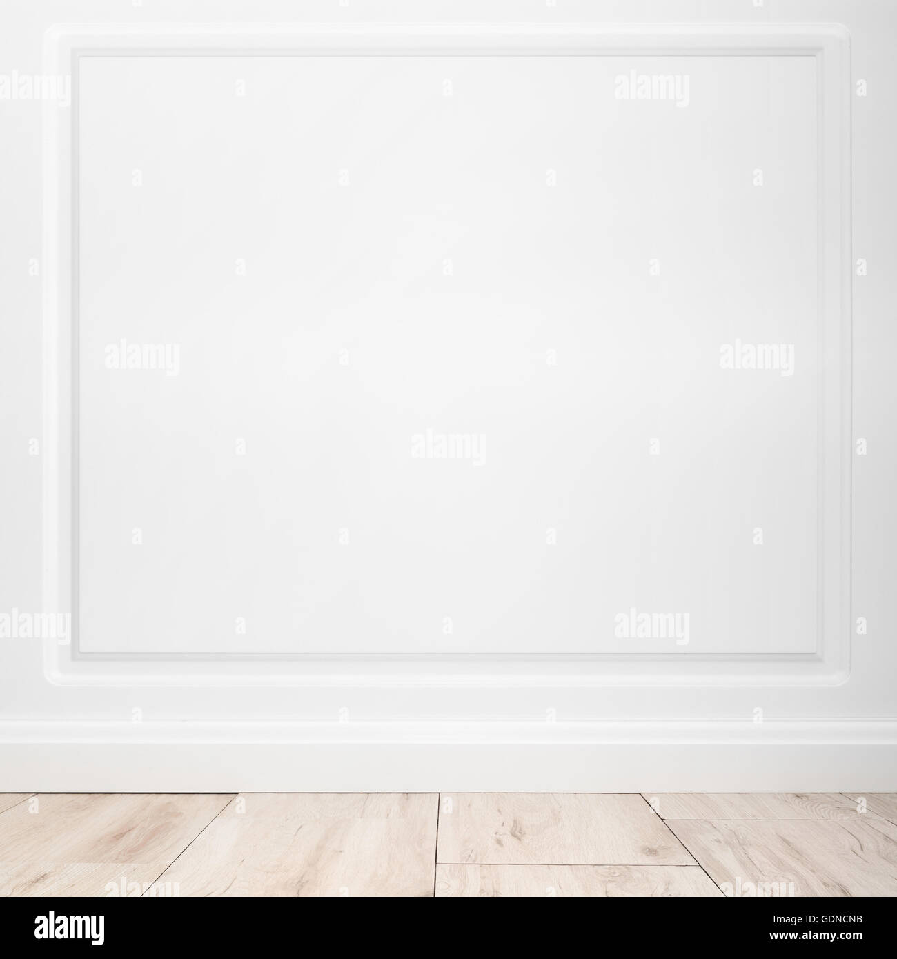 Abstrakte quadratischen leeren Innenraum Hintergrund, weiße Wand und Holzboden Stockfoto