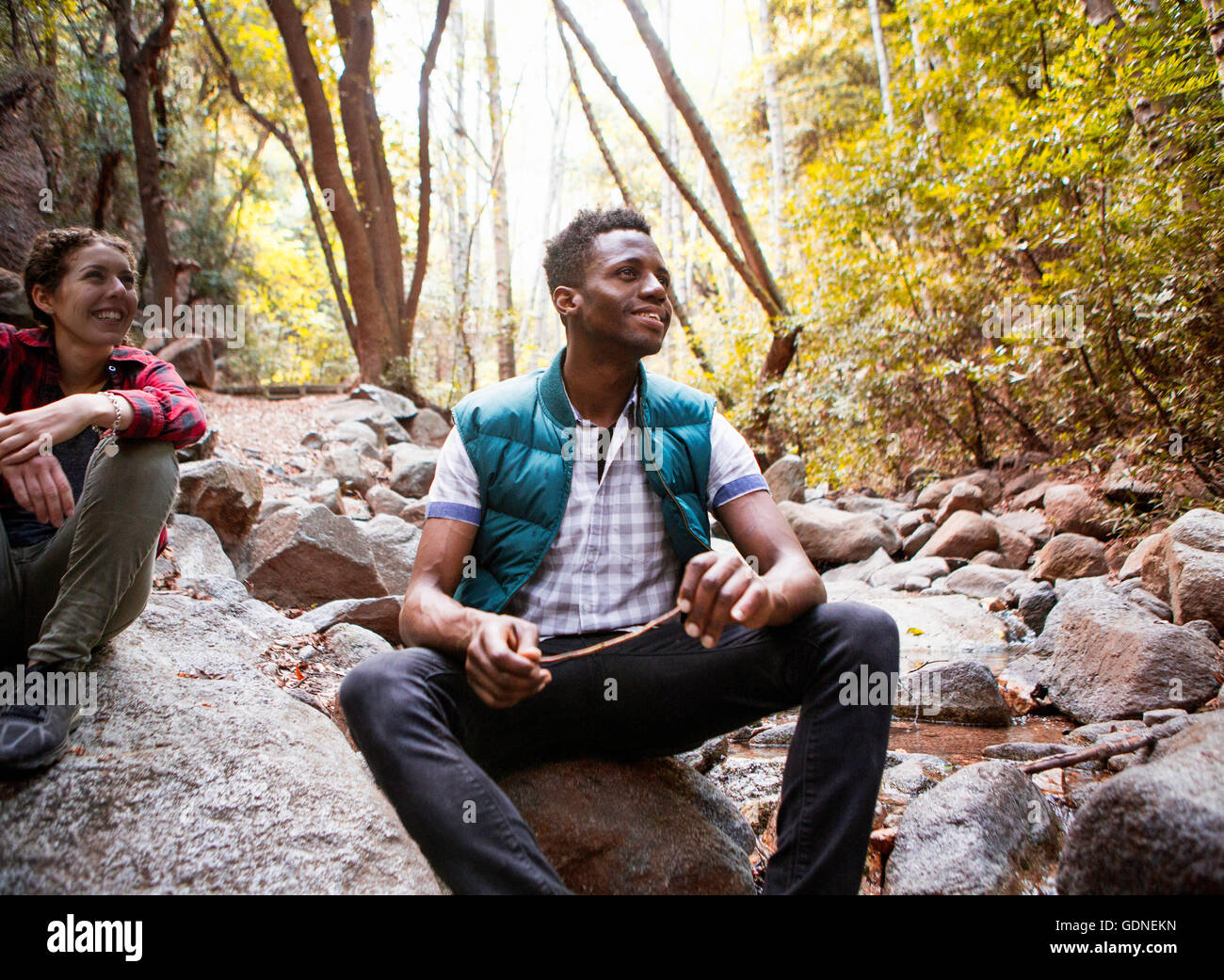 Junge männliche und weibliche Wanderer sitzen auf den Felsen im Wald, Arcadia, Kalifornien, USA Stockfoto