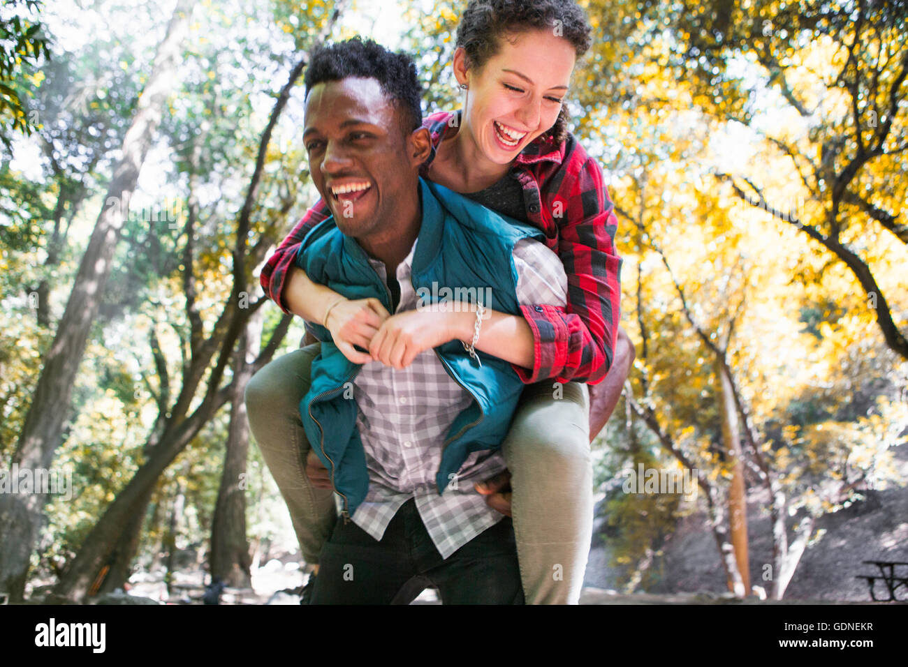 Junge weibliche Wanderer immer Schweinchen vom Freund im Wald, Arcadia, Kalifornien, USA Stockfoto