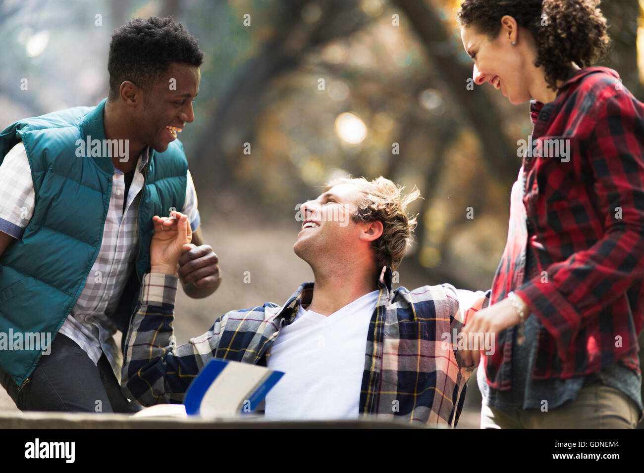 Drei junge Erwachsene Wanderer lachend in Wald, Arcadia, Kalifornien, USA Stockfoto