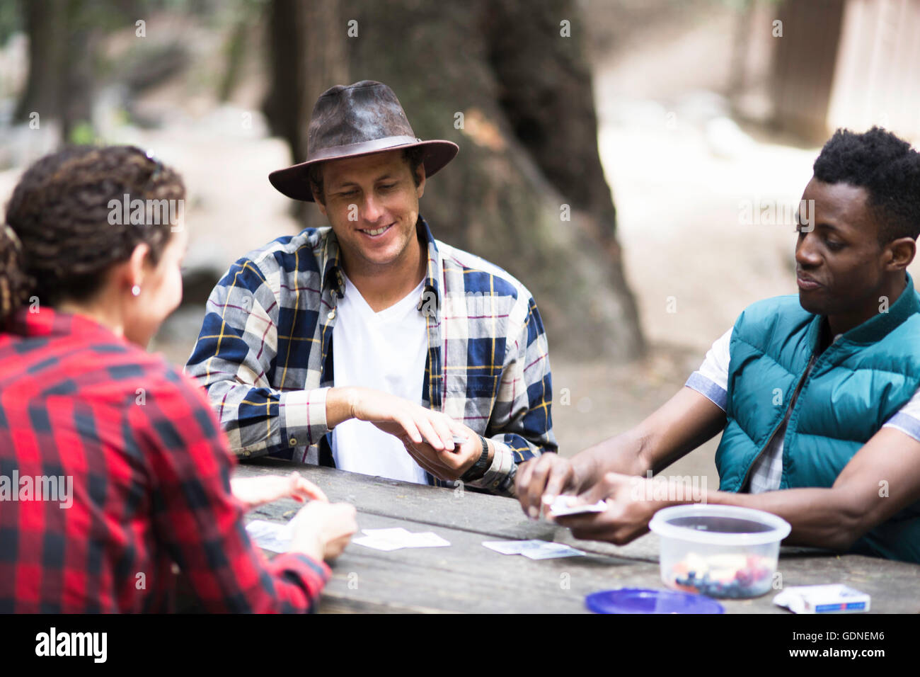 Drei junge Erwachsene Wanderer Spielkarten in Wald, Arcadia, Kalifornien, USA Stockfoto