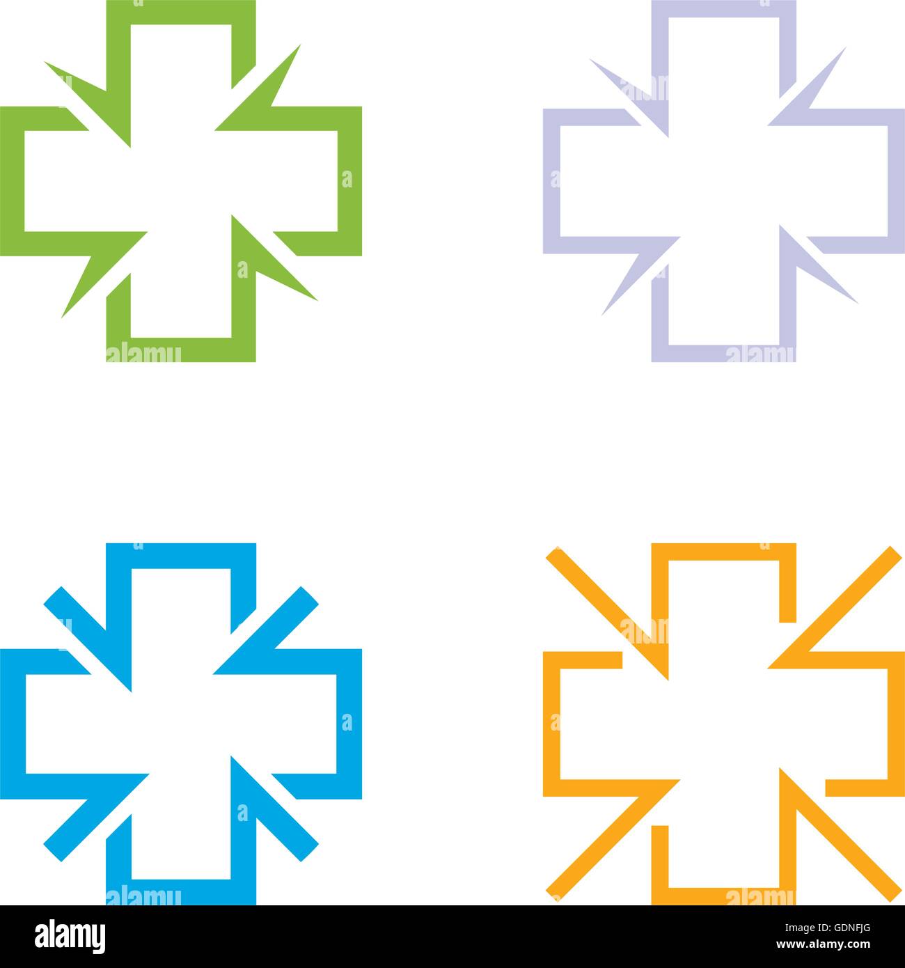 Bunte Kreuz Vektor-Logo-Set isoliert. Medizinische Anzeichen Kontur Logos Sammlung. Krankenhauskonzern Symbole auf dem weißen Hintergrund. Religiöse Symbole. Arithmetik und Symbole. Stock Vektor