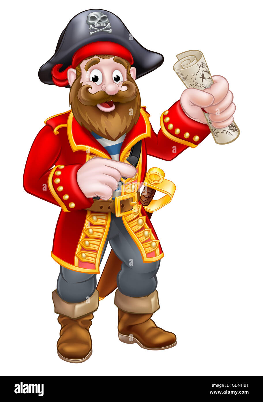 Piratenkapitän Cartoon Charakter zeigen, hält eine Schatzkarte Stockfoto