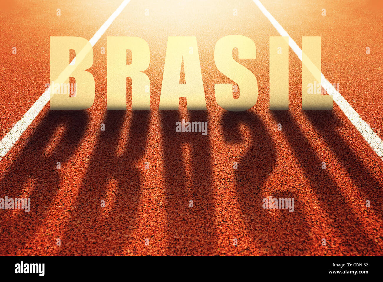 Brasil-Titel auf sportliche Laufbahn, Konzeptbild für Sport-Event in Brasilien stattfindet Stockfoto