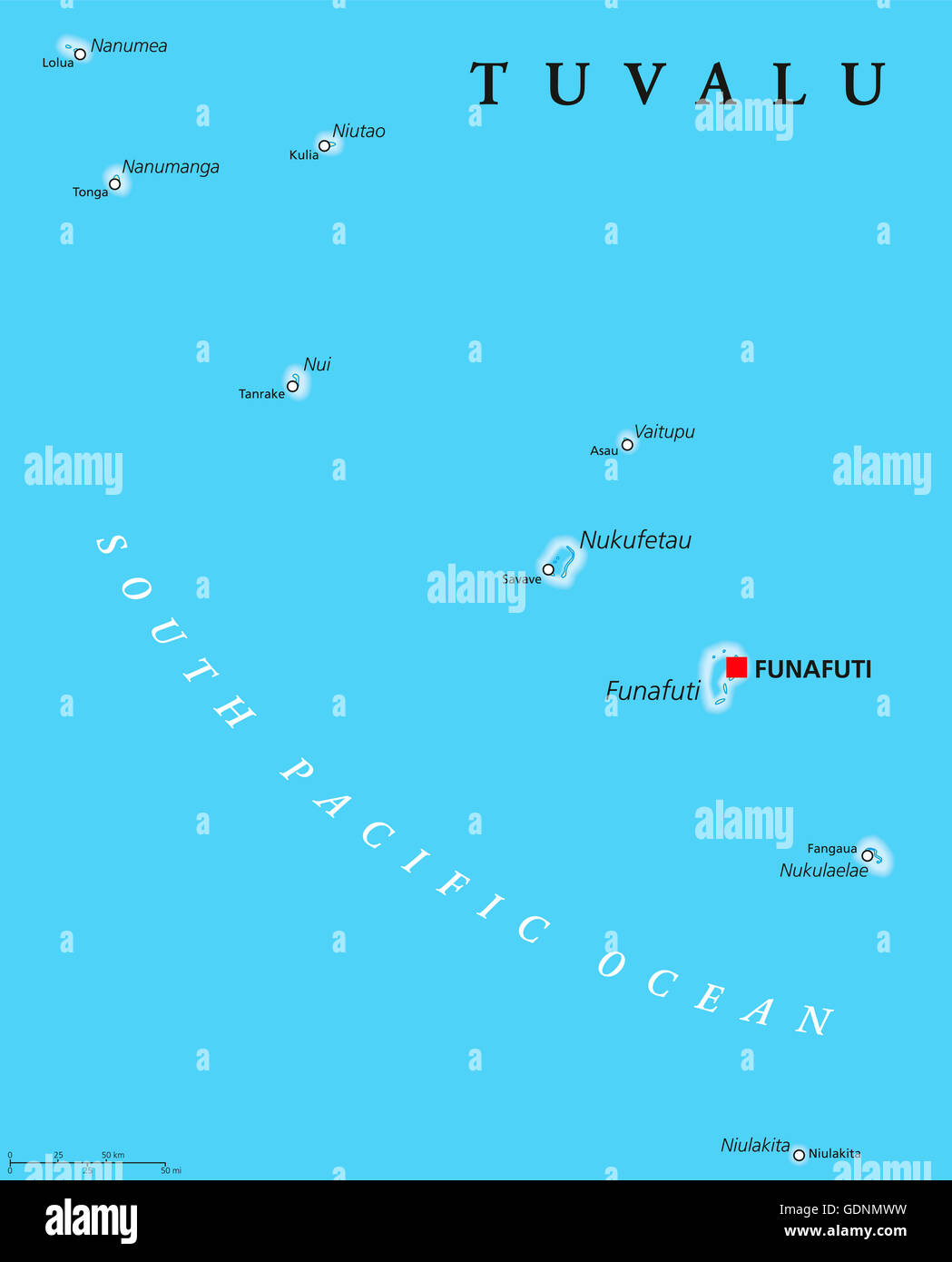 Politische Landkarte Tuvalu mit Hauptstadt Funafuti und wichtige Dörfer. Früher bekannt als die Ellice Inseln. Stockfoto