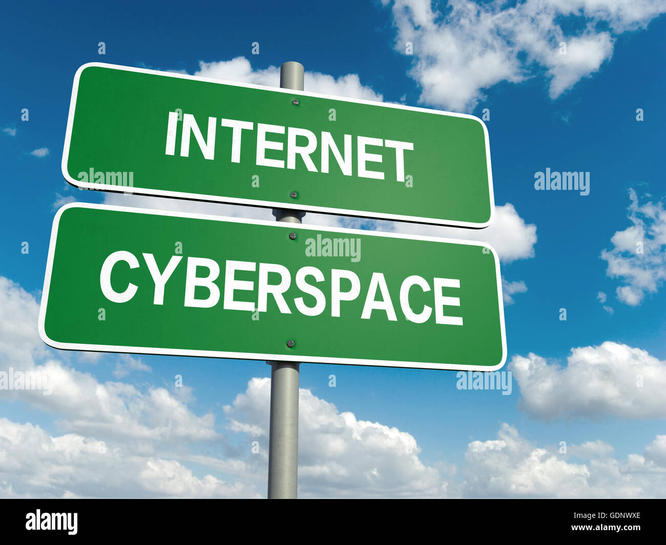 Ein Straßenschild mit Internet Cyberspace Worten am Himmelshintergrund Stockfoto