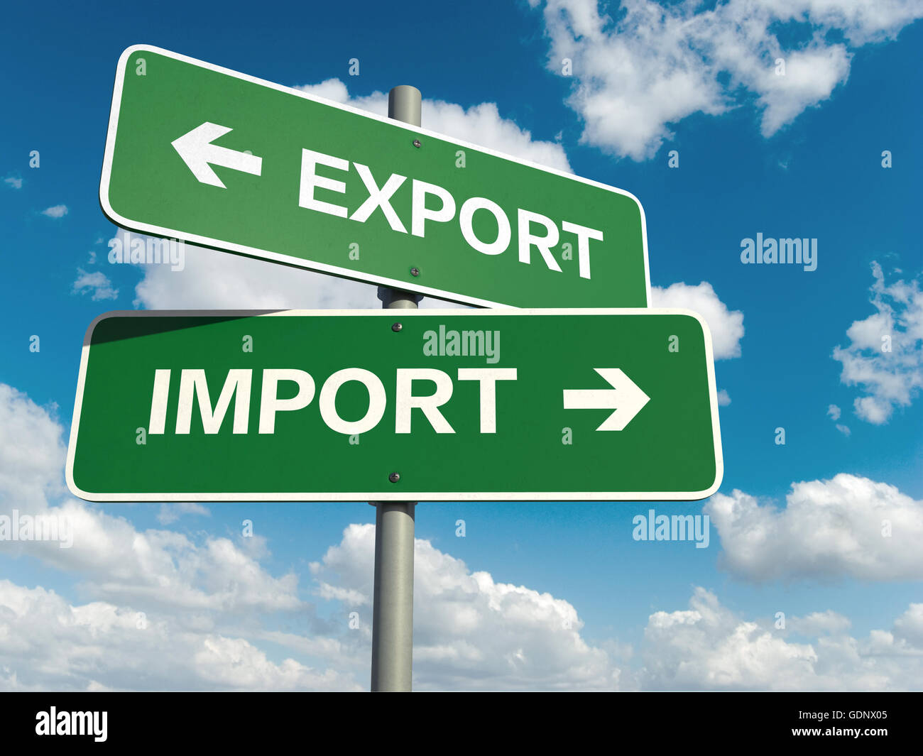 Ein Straßenschild mit Export Import Worten am Himmelshintergrund Stockfoto