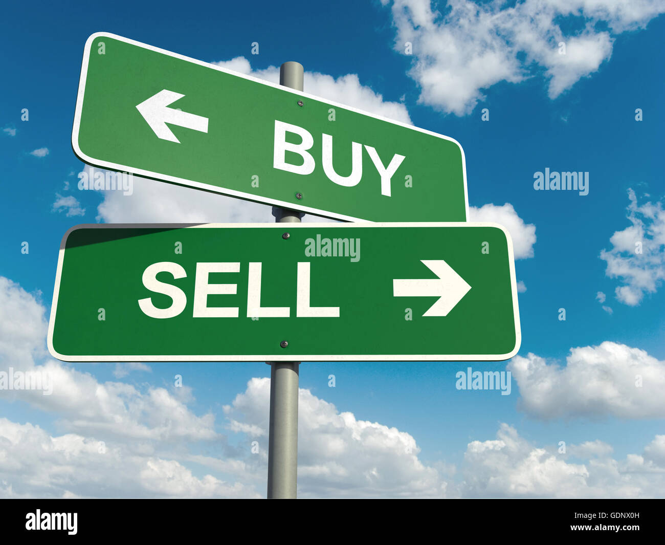 Ein Straßenschild mit kaufen verkaufen Wörter auf Himmelshintergrund Stockfoto