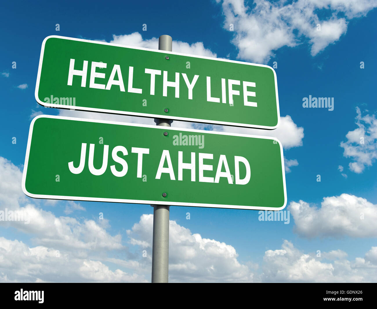 Ein Straßenschild mit gesundes Leben Worte am Himmelshintergrund Stockfoto