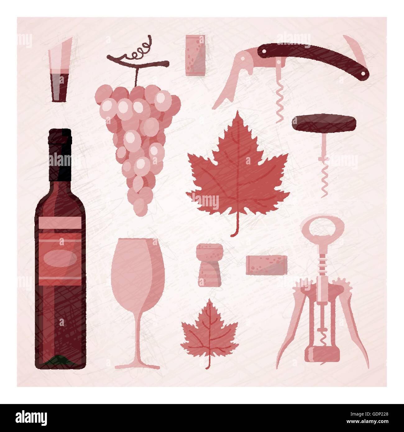 Rot- und Roséweine Wein Vintage Illustration mit Weinflasche, Glas, Wein, Korken und Korkenzieher Stock Vektor